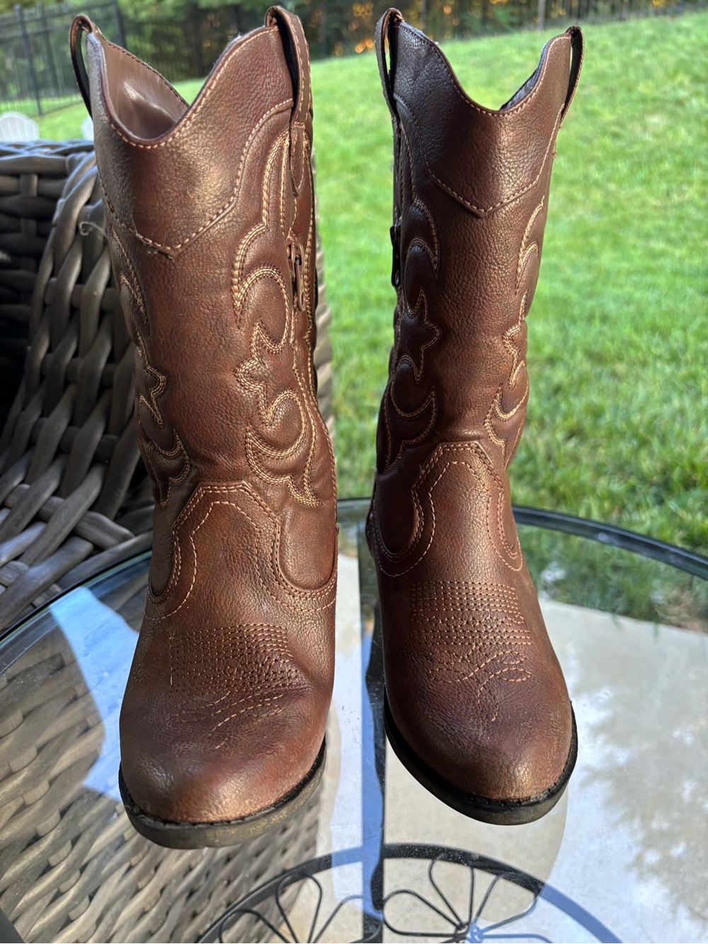 Cat & Jack Girls Western Cowboy Boots Brown Embroidered Side Zip Size 2